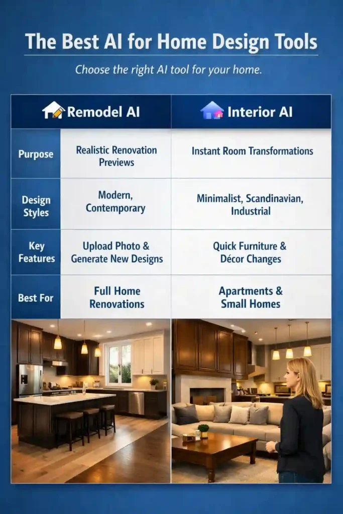 AI for Home Design comparison chart showing Remodel AI and Interior AI features for realistic home renovation and apartment styling.