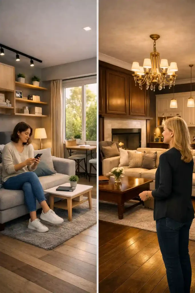 Realistic AI for Home Design showing space optimization for small apartments and cohesive style for large houses.