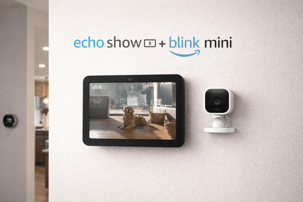 Amazon Echo Show 8 smart display mounted on a wall next to a Blink Mini security camera showing a live pet monitoring feed.