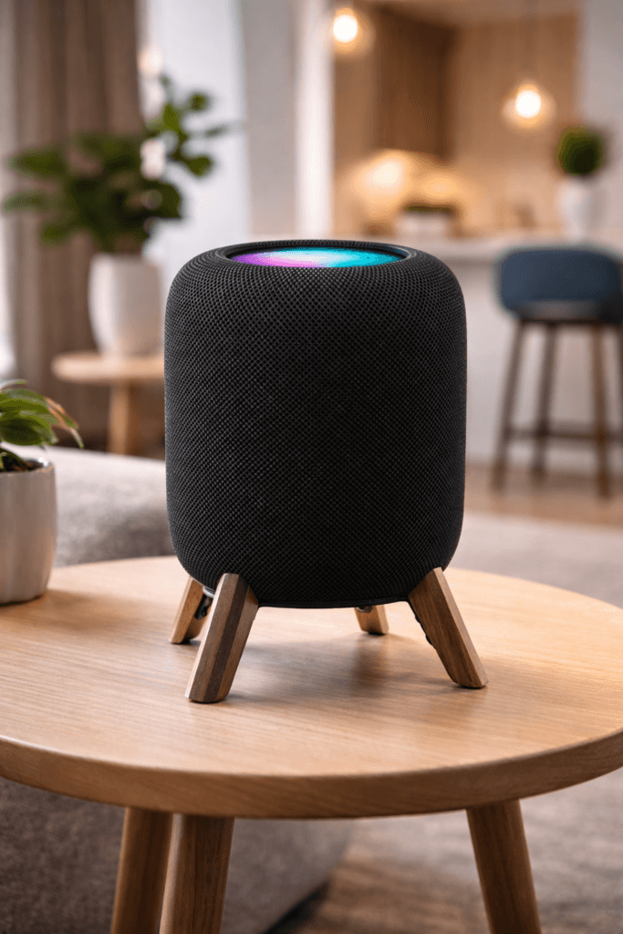 Apple HomePod 2nd Generation in Midnight black on a wooden tripod stand with colorful Siri light glowing on top.