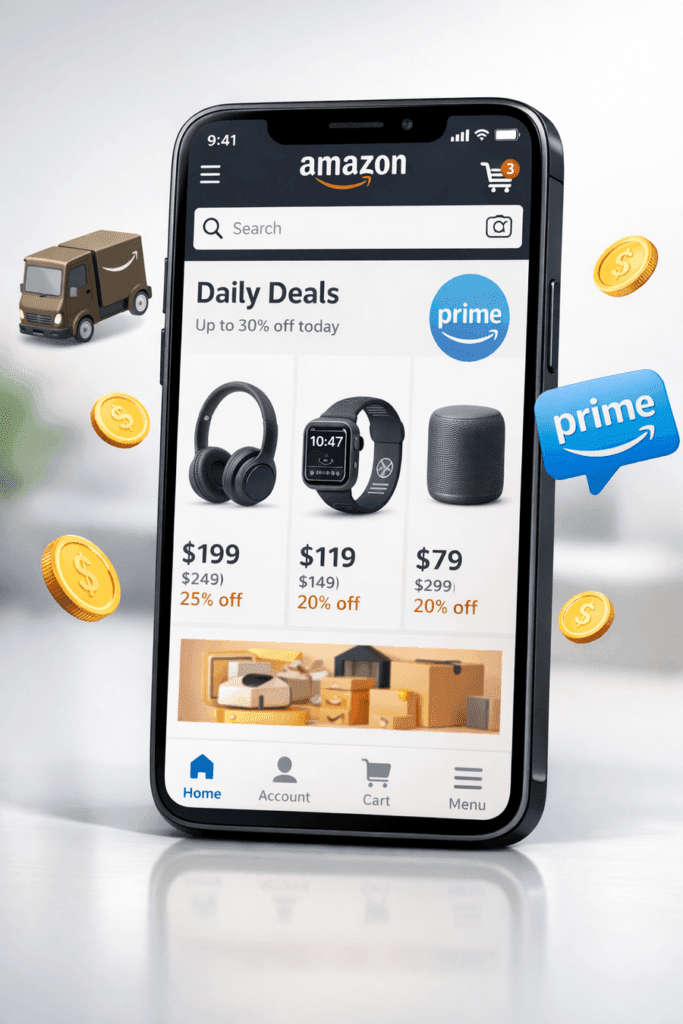 Amazon mobile app on iPhone showing real-time package tracking and Prime exclusive deals.