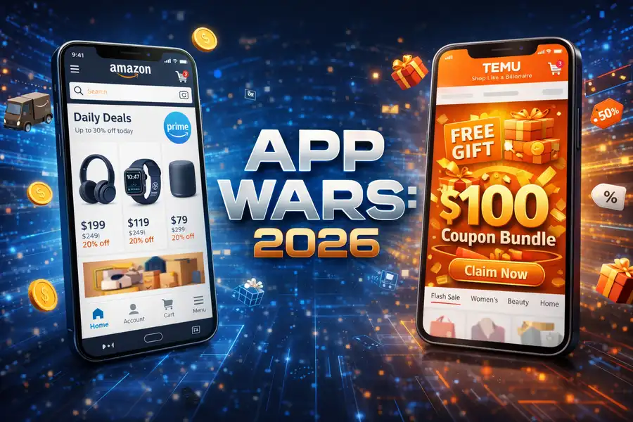 Futuristic smart living shopping experience: A comparison between Amazon and Temu mobile apps featuring 3D digital interfaces.