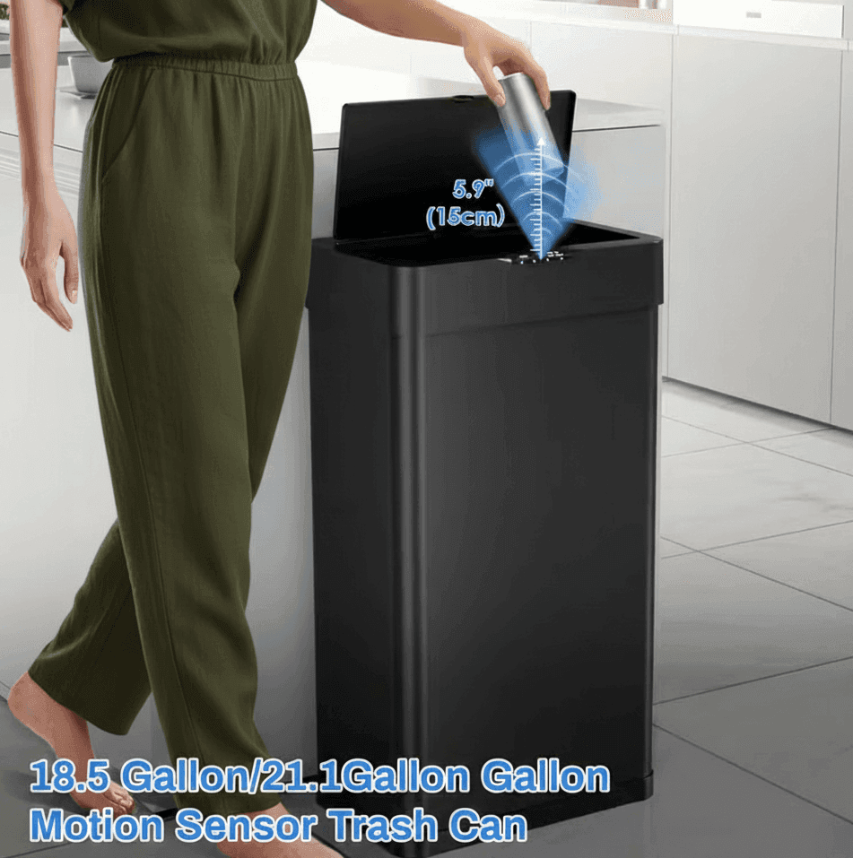 CLEVICH Smart Sensor Trash Can Review: Close-up of the 18.5 Gallon stainless steel bin with touchless motion sensor technology.