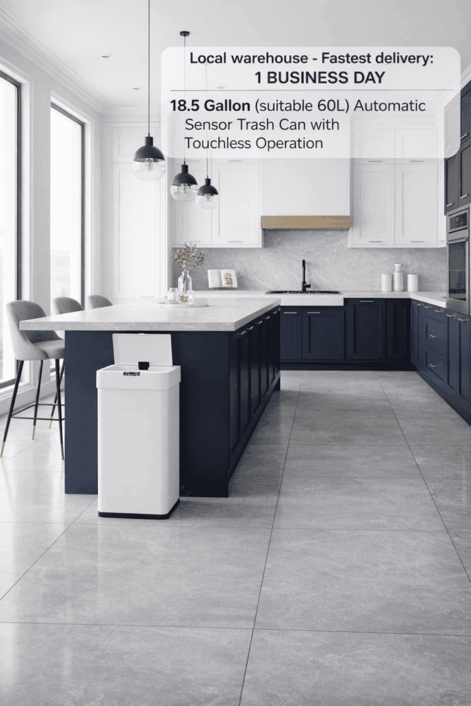 High-capacity CLEVICH 18.5 Gallon smart sensor trash can in a modern kitchen setting, highlighting the 1-business-day delivery and touchless operation features.