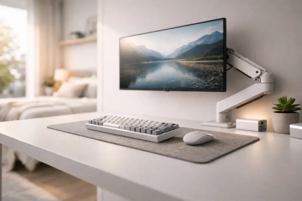 Compact tech essentials for an **invisible home office** including a mechanical keyboard and monitor arm.