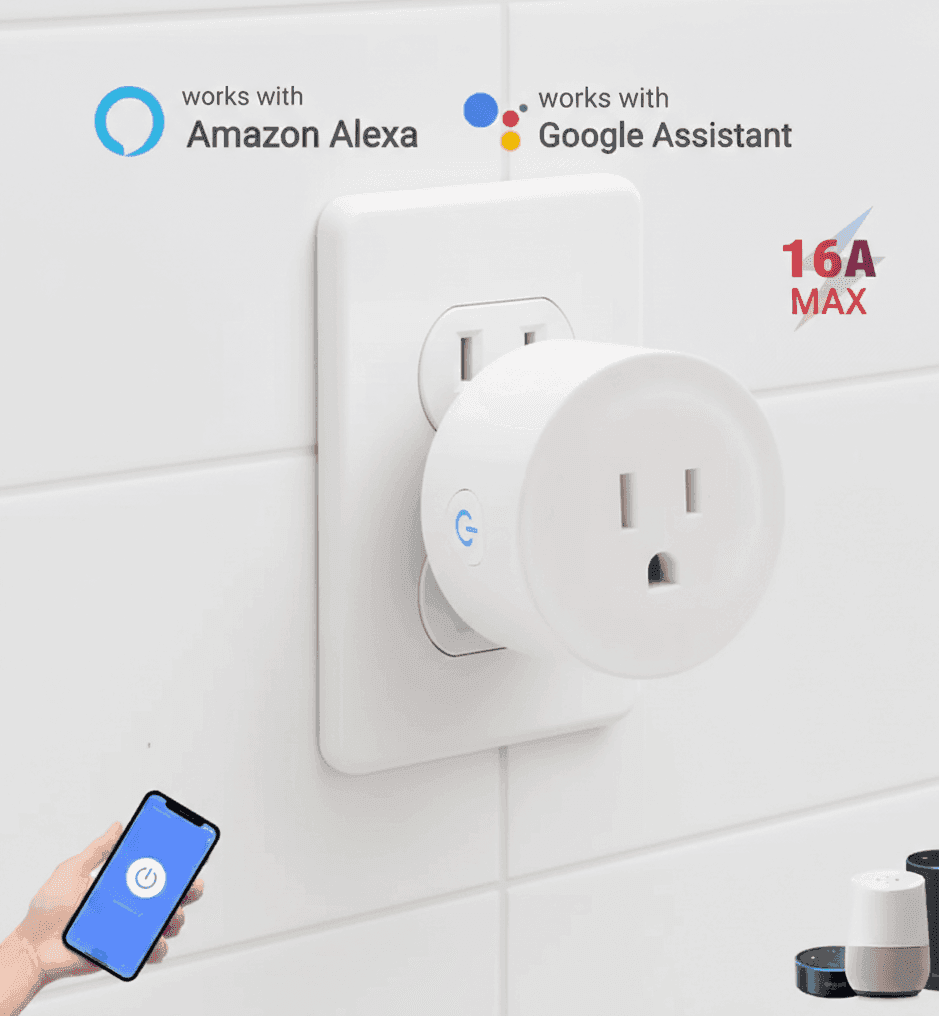 DOHOMEDO Smart Plug WiFi Outlet 16A MAX plugged into a wall, featuring Amazon Alexa and Google Assistant compatibility icons.