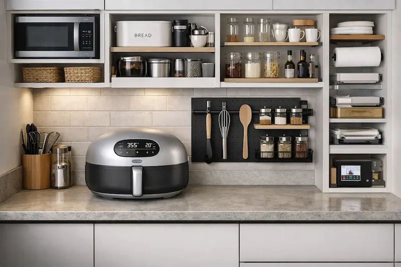 Modern studio kitchen organization showing a black pegboard for vertical storage, a smart air fryer, and modular shelving units that maximize space in a compact 500 sq. ft. apartment.