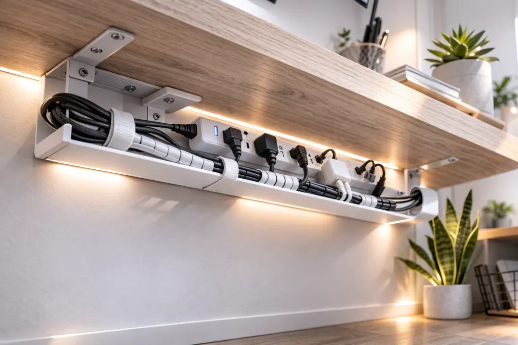 Step-by-step cable management guide for an invisible home office using a white cable tray.