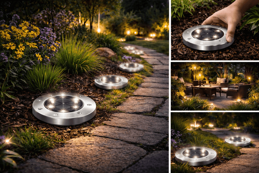 White solar powered landscape lights installed along a garden pathway at night, modern outdoor lighting.
