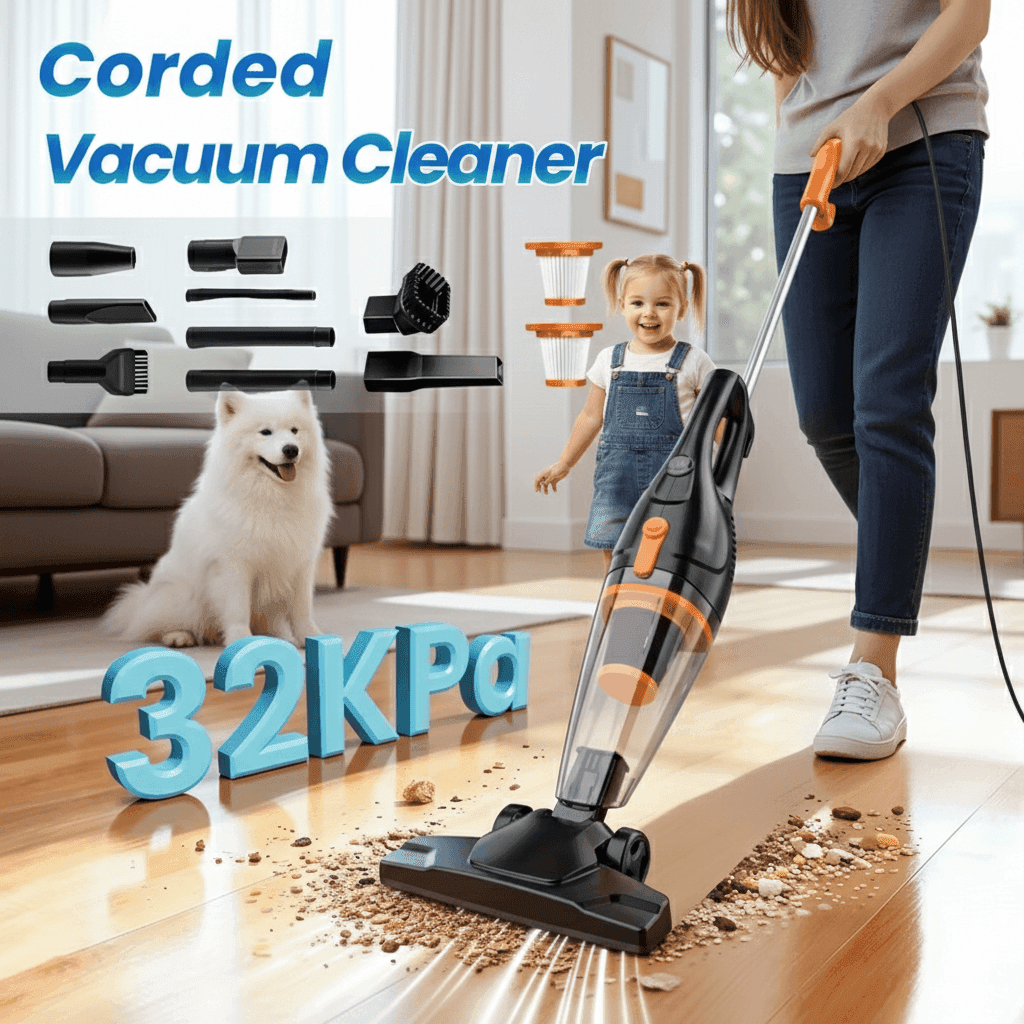A sleek, vibrant orange and black INSE cordless stick vacuum cleaner shown in a modern living room setting. The image highlights its lightweight 6-in-1 design, ergonomic handle, and LED brush head cleaning a hardwood floor near a carpet.
