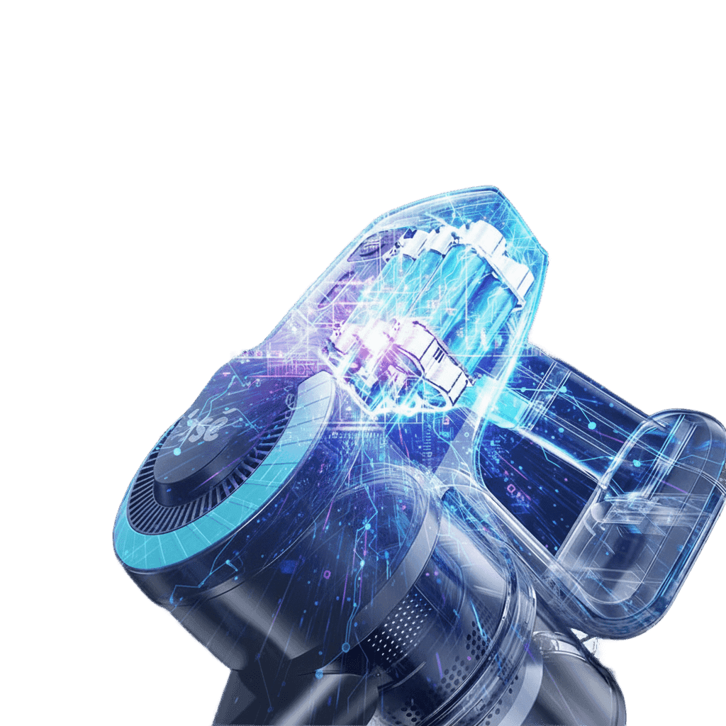 High-tech INSE Cordless Vacuum with 42KPA suction power depicted in a futuristic AI-inspired digital blue energy background for Haliskay review.