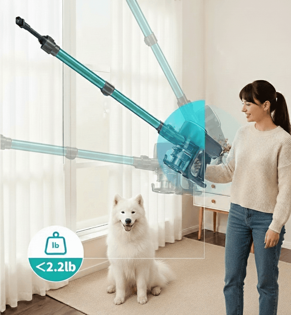 Blue INSE 6-in-1 cordless vacuum cleaner being held by a woman, featuring 360-degree rotation, ultra-lightweight design under 2.2lb, and a golden retriever dog in the background.