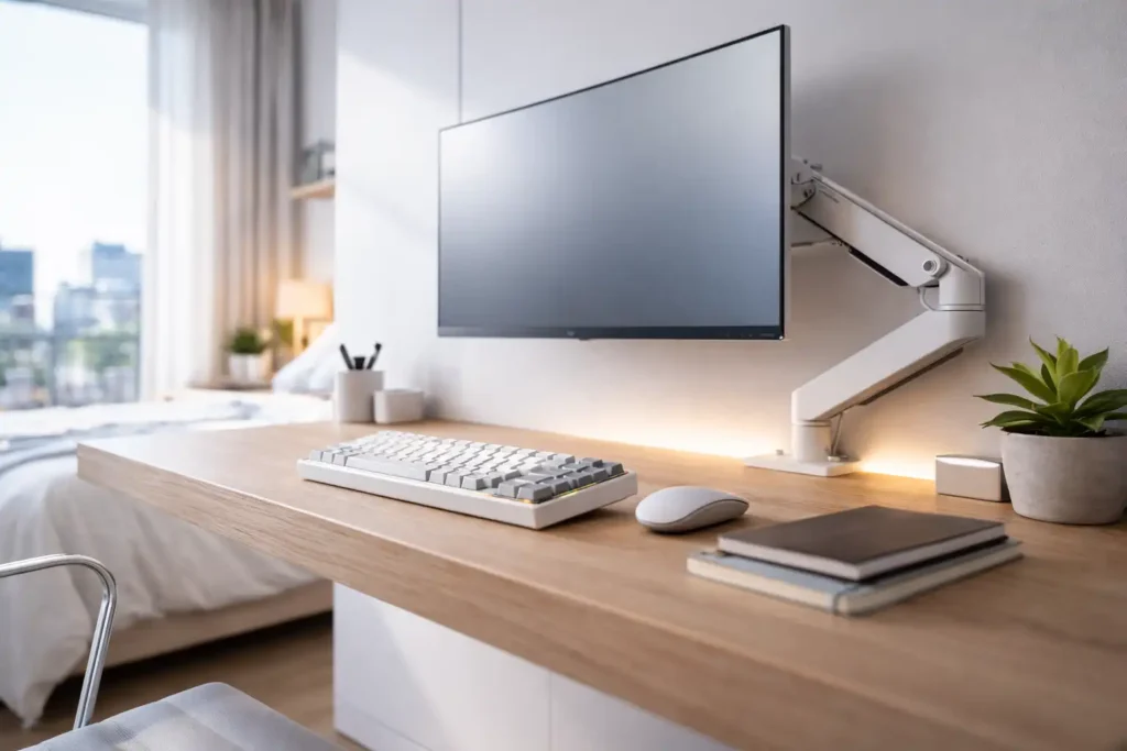 Minimalist invisible home office with cool daylight, featuring a white monitor on an articulating arm and a mechanical keyboard.
