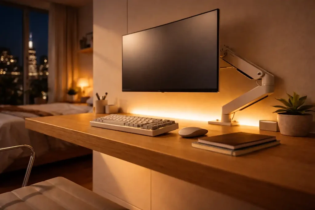 Cozy evening workspace with warm amber ambient lighting and smart LED strips behind a monitor on a floating desk.