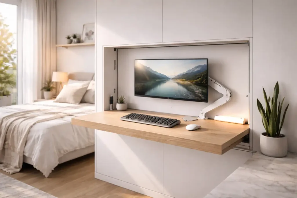 Space-saving furniture setup for an invisible home office showing a foldable desk next to a bed
