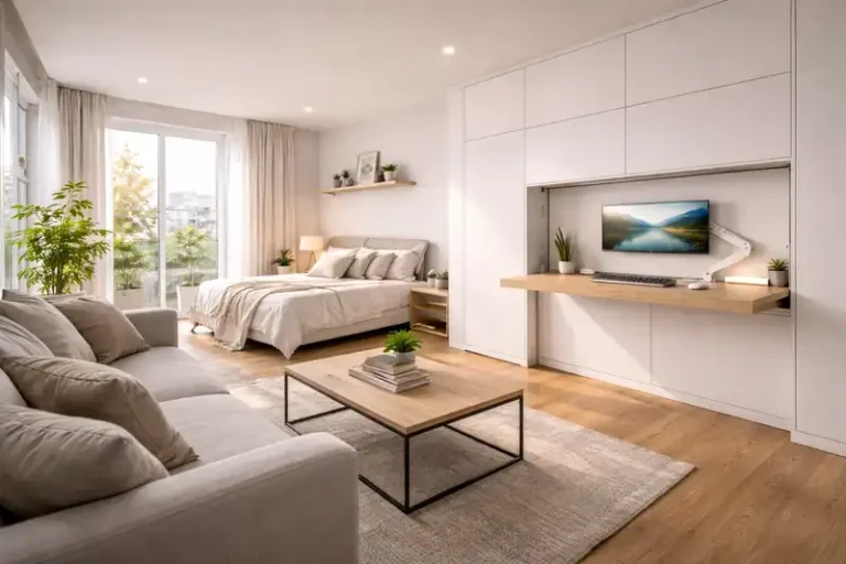 A wide-angle view of a modern studio featuring a minimalist **invisible home office** layout.