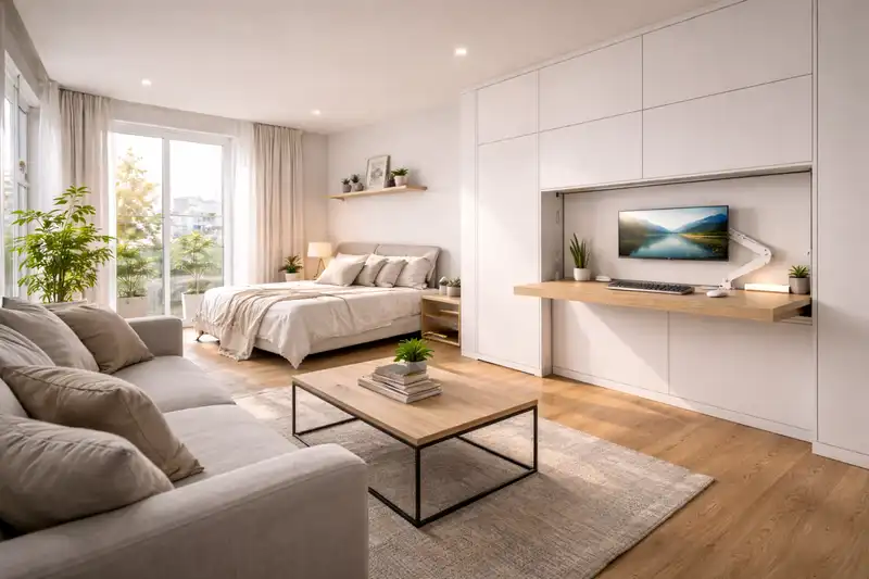 A wide-angle view of a modern studio featuring a minimalist **invisible home office** layout.