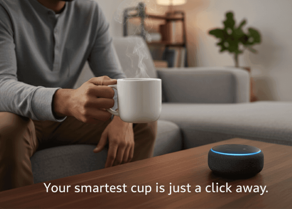 A man sitting on a sofa holding a steaming coffee cup with an Alexa Echo Dot on the table for smart coffee maker control