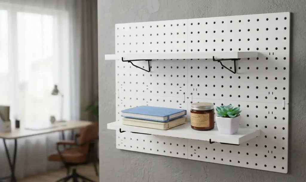 A clean home office setup featuring Matte White and Natural Wood Pegboard Kits with minimalist shelving for books and decor on a grey textured wall.