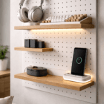 A sleek, white and natural light oak wooden pegboard kit, featuring a functional desk setup with a minimalist wireless charging dock, warm-white LED shelf lighting, high-end white headphones, and modular storage for tech gadgets in a modern home office.