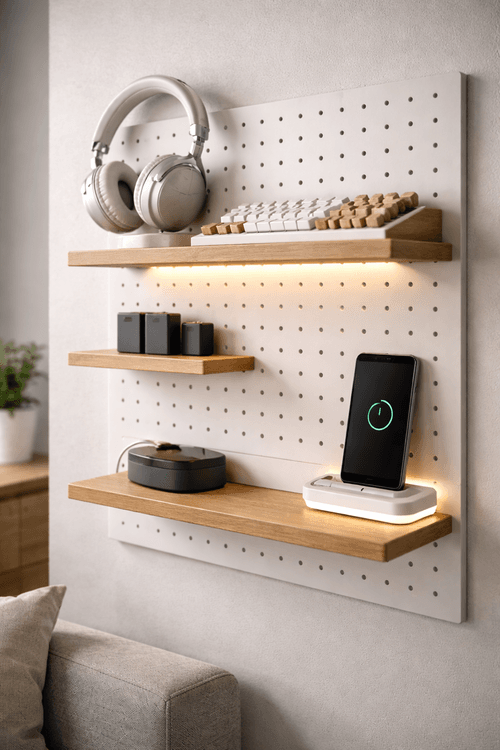 A sleek, white and natural light oak wooden pegboard kit, featuring a functional desk setup with a minimalist wireless charging dock, warm-white LED shelf lighting, high-end white headphones, and modular storage for tech gadgets in a modern home office.
