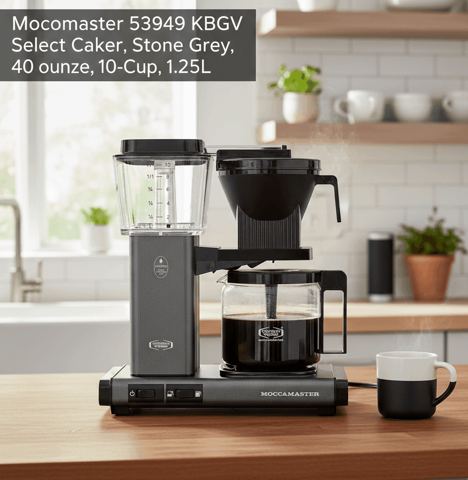 Moccamaster 53949 KBGV Select Coffee Maker in Stone Grey, 10-Cup 1.25L capacity on a kitchen countertop