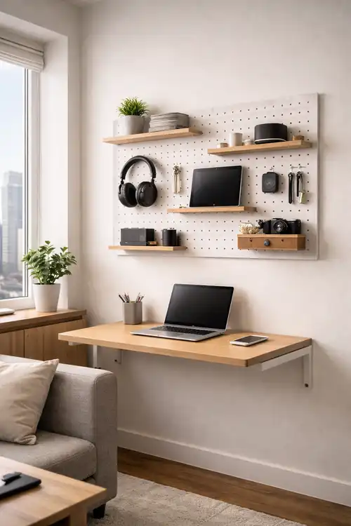 A modular wooden pegboard system as part of modern smart wall storage solutions for tech accessories and gadget organization.