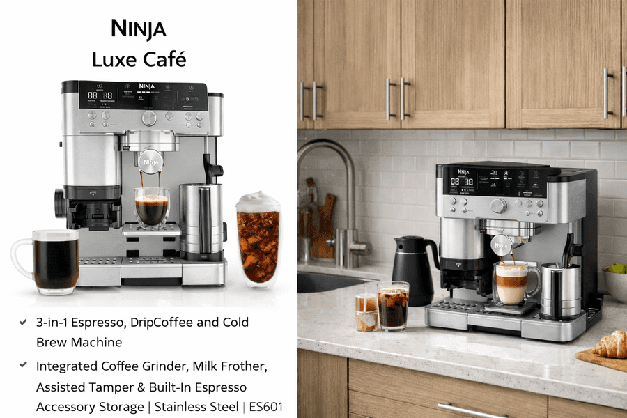 Ninja Luxe Café 3-in-1 Espresso and Cold Brew Machine in a modern smart coffee station automation setup.
