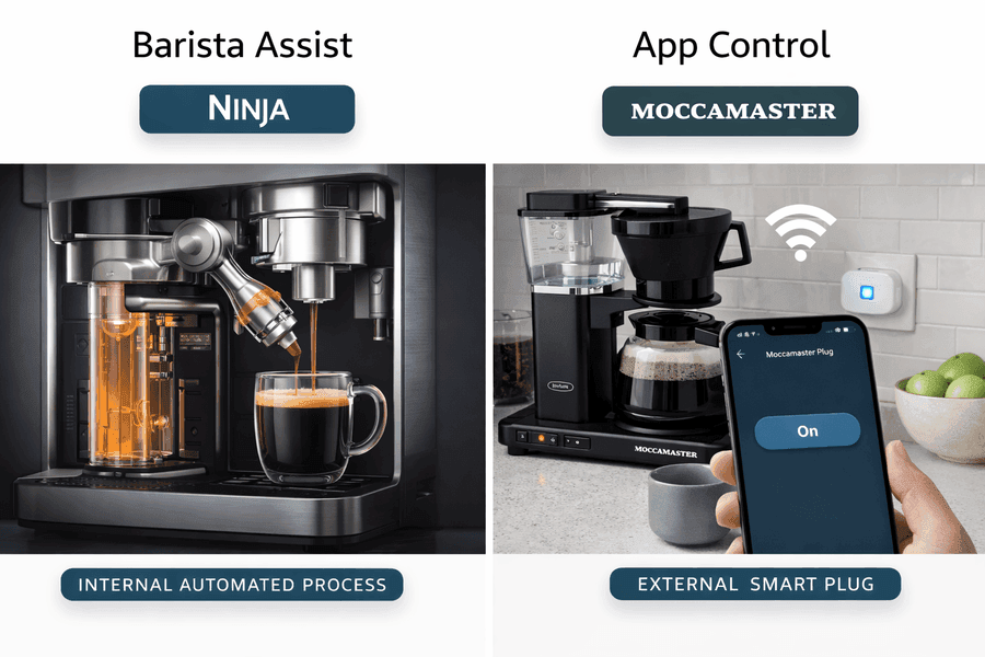 A split infographic comparing Ninja Luxe Cafe internal sensors with Moccamaster external WiFi smart plug app control on a smartphone