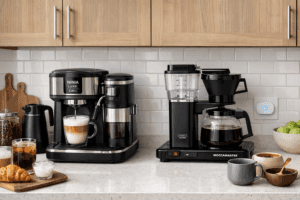 A side-by-side comparison of Ninja Luxe Café espresso machine and Moccamaster with a glowing WiFi smart plug in a modern kitchen.