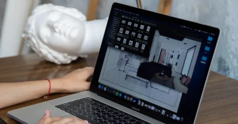 A laptop displaying a modern interior rendering, showcasing how to use AI for home design to plan and remodel apartment interiors.
