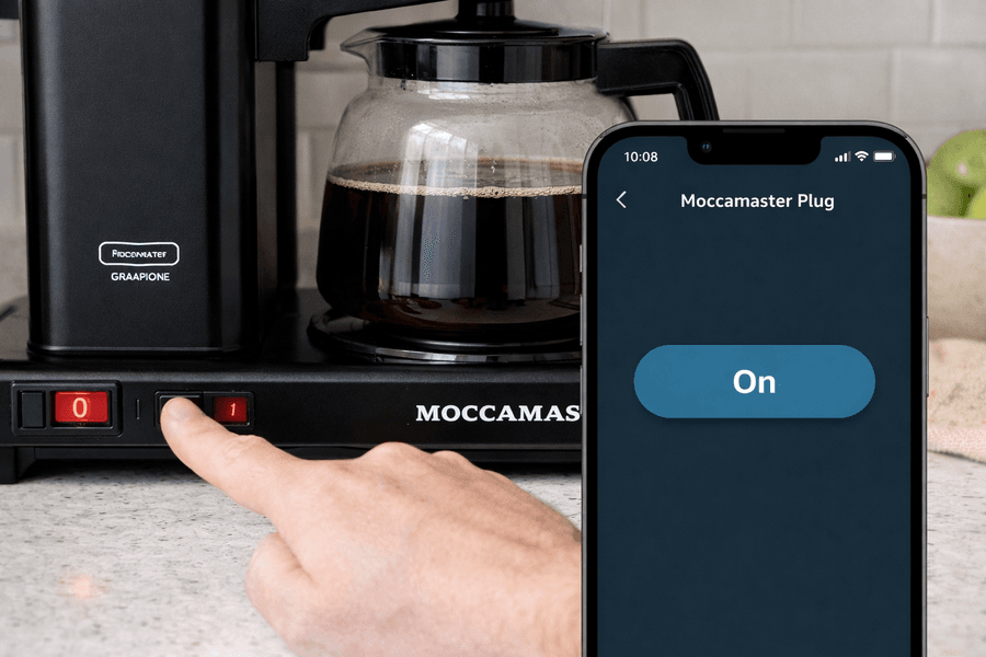 A smartphone app controlling a Moccamaster coffee maker via a smart plug, showcasing smart home integration for small kitchens.