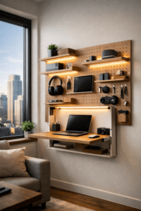 Modern smart wall storage solutions featuring a wall-mounted desk and pegboard in a studio apartment.