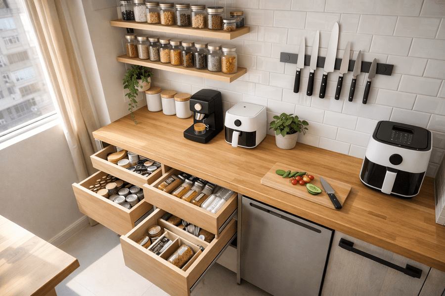 Small studio kitchen organization with vertical shelving.