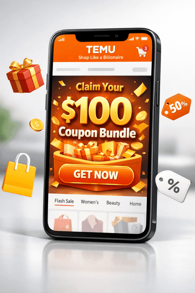 Temu app interface on a smartphone offering a 100 dollar coupon bundle as one of the key benefits of Amazon and Temu apps.