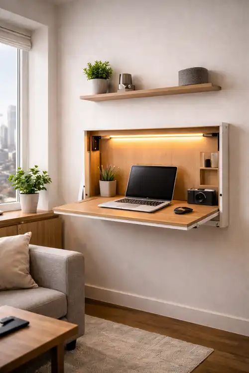 Minimalist wall-mounted fold-down desk with integrated LED lighting for small spaces.