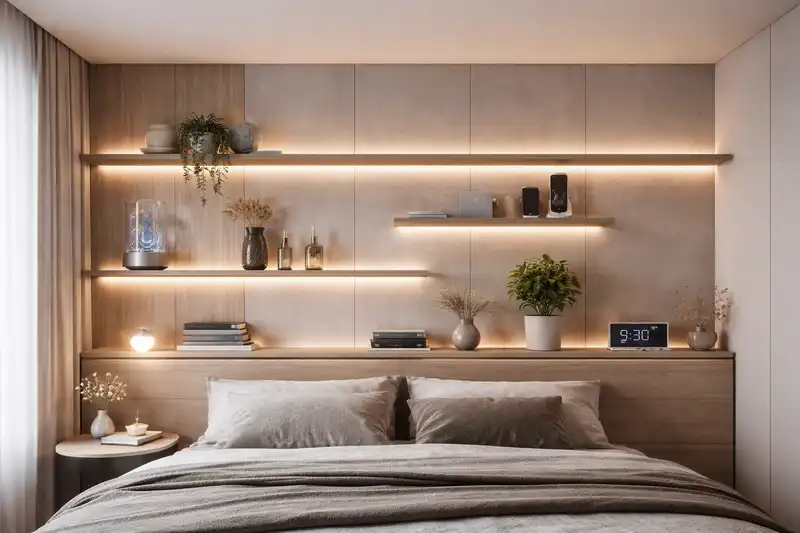 AI Bedroom Vertical Storage Plan for a minimalist smart bedroom 2026