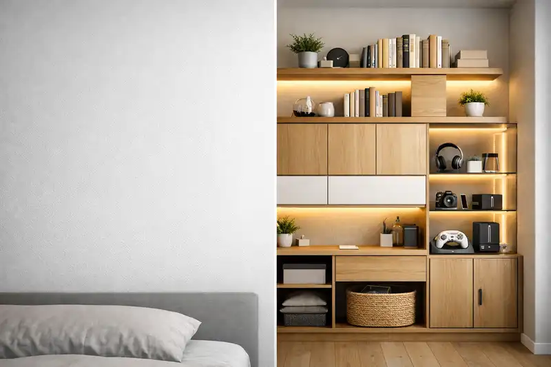 3D split-view visualization of an AI Bedroom Vertical Storage Plan transforming an empty wall into an organized modular system.