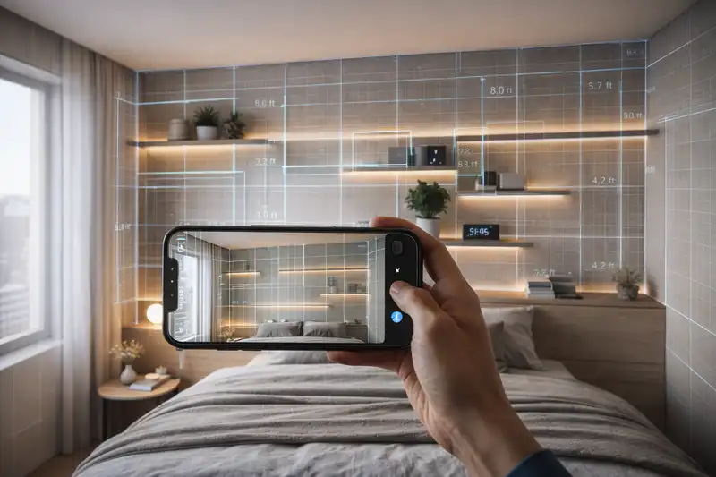 LiDAR scanning for AI Bedroom Vertical Storage Plan in a small urban bedroom.