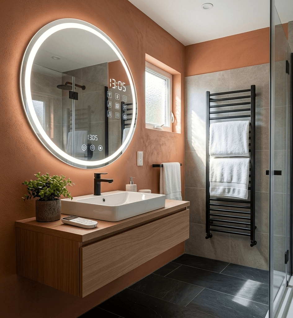 A tiny bathroom featuring a vertical black heated towel rack, a light wood floating vanity, and a backlit circular smart mirror, perfect for bathroom ideas for small spaces.