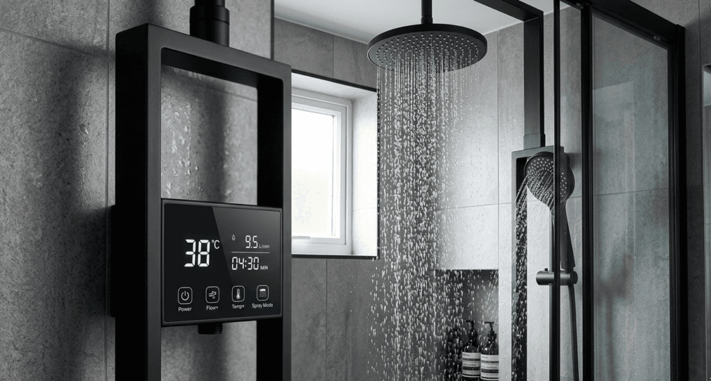 Modern matte black smart shower system with digital control panel, integrated in small bathroom design ideas.