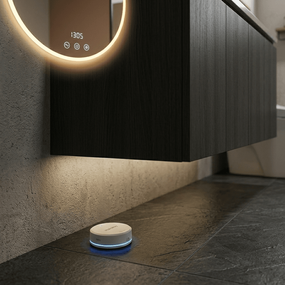 A modern small bathroom scene featuring a small circular smart leak detector sensor with a glowing blue ring, placed on a dark slate floor beneath a dark wood floating vanity, perfect for bathroom ideas for small spaces.