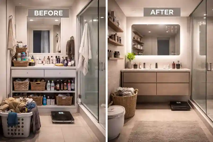 Before and after comparison of effective space optimization in a compact bathroom, transforming clutter into a smart, minimalist layout.