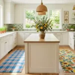 A bright and elegant kitchen interior featuring two colorful summer rugs, a large kitchen island with fresh flowers, and white cabinetry under natural sunlight, showcasing the best kitchen rugs for summer 2026.