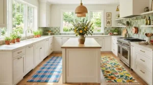 A bright and elegant kitchen interior featuring two colorful summer rugs, a large kitchen island with fresh flowers, and white cabinetry under natural sunlight, showcasing the best kitchen rugs for summer 2026.