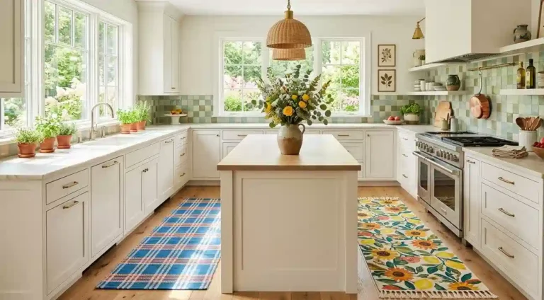 A bright and elegant kitchen interior featuring two colorful summer rugs, a large kitchen island with fresh flowers, and white cabinetry under natural sunlight, showcasing the best kitchen rugs for summer 2026.