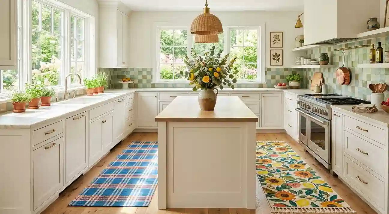 A bright and elegant kitchen interior featuring two colorful summer rugs, a large kitchen island with fresh flowers, and white cabinetry under natural sunlight, showcasing the best kitchen rugs for summer 2026.