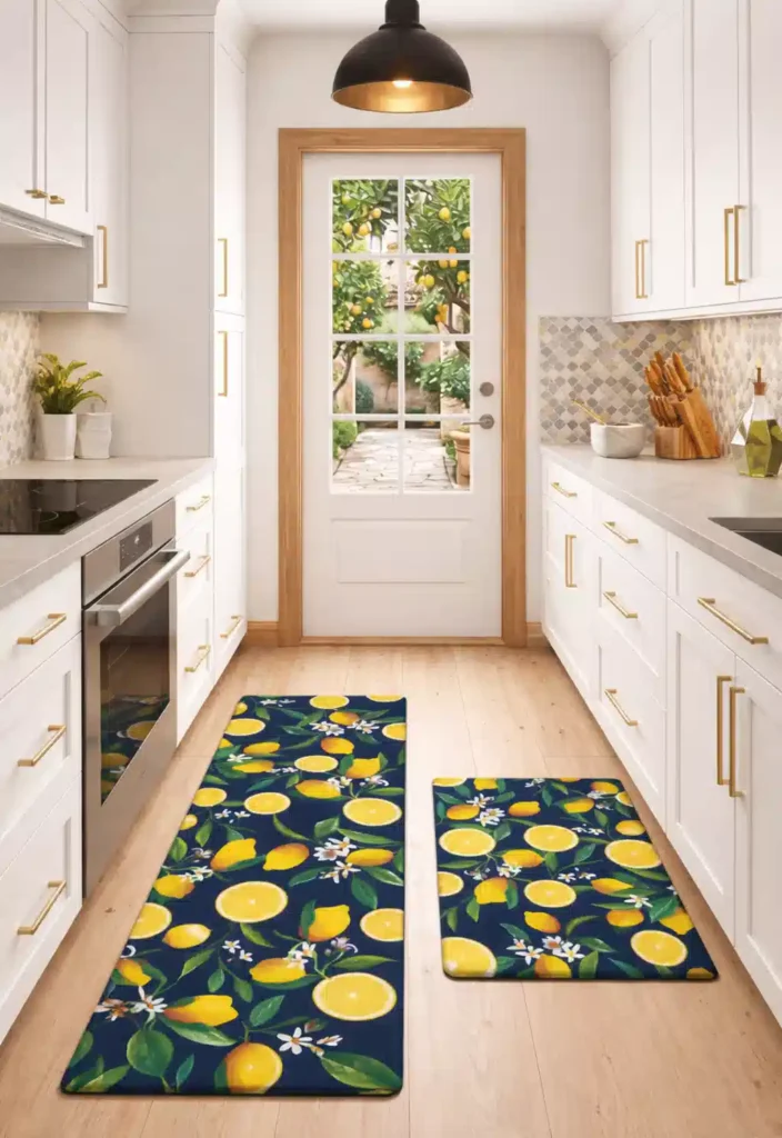 Best kitchen rugs for summer 2026 featuring a vibrant lemon pattern on a navy blue background in a modern white luxury kitchen with marble countertops.