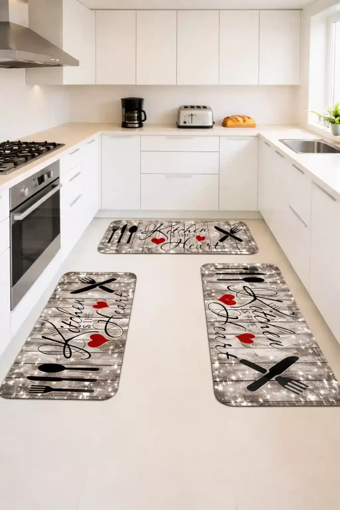 Best kitchen rugs for summer 2026 for a modern white luxury kitchen with light countertops and a central oven.