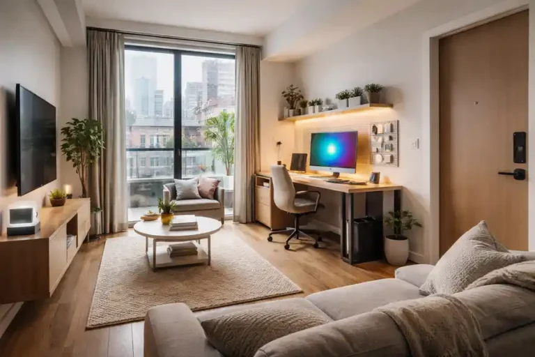 Modern smart home setup in a small NYC-style studio apartment featuring a compact desk with a pegboard, smart lighting, and space-saving furniture.